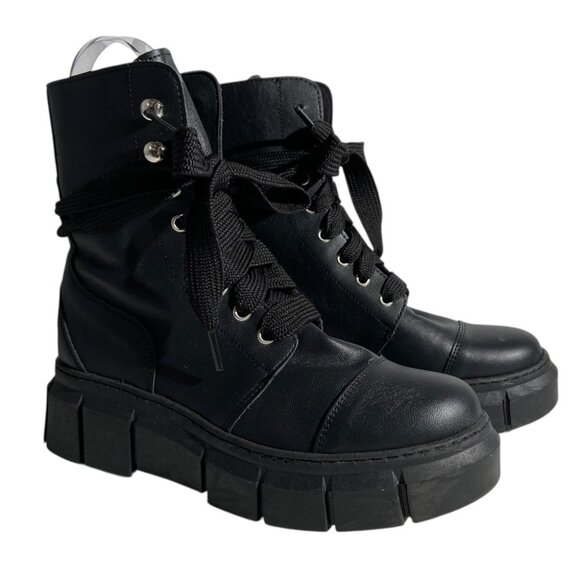 New Alohas Can Can Black Leather Combat Boots - Picture 2 of 15